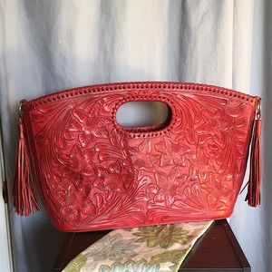 Hand tooled leather handbag red tassels floral clutch large western south